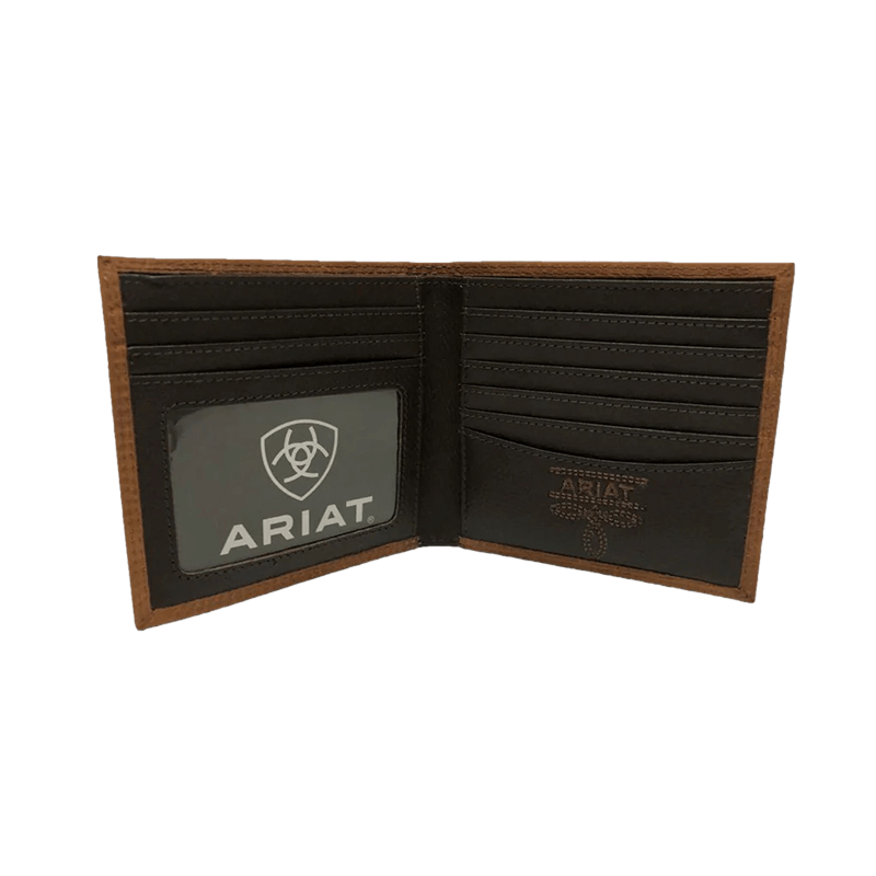 Ariat Men s Embossed Logo Brown Leather Bifold Wallet Genuine