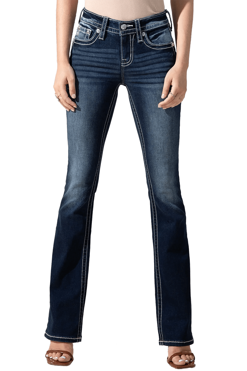 Stylish Miss Me Boot Cut Jeans With Aztec Embroidery And Rhinestone Rivets