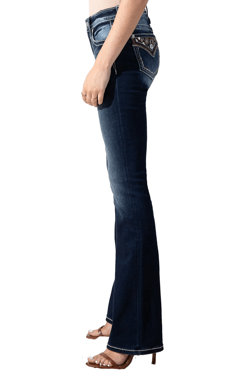 Stylish Miss Me Boot Cut Jeans With Aztec Embroidery And Rhinestone Rivets