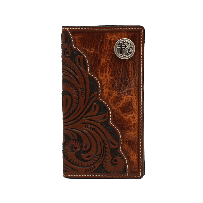3D Men's Brown Floral Tooled Cross Concho Rodeo Wallet