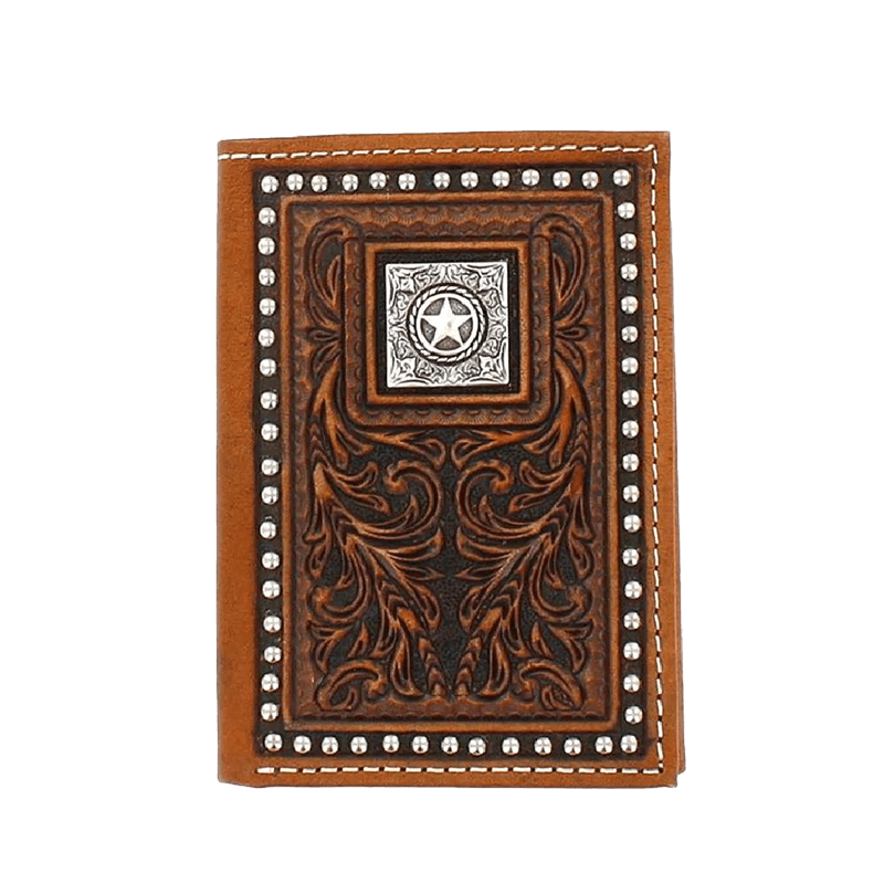 Ariat M&amp;F Nocona Trifold Tooled Stud Trar Concho Wallet