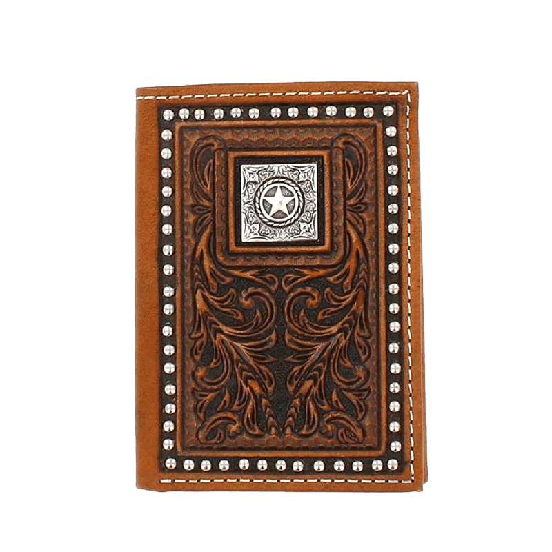 Nocona Men's Trifold Tooled Stud Star Brown Wallet