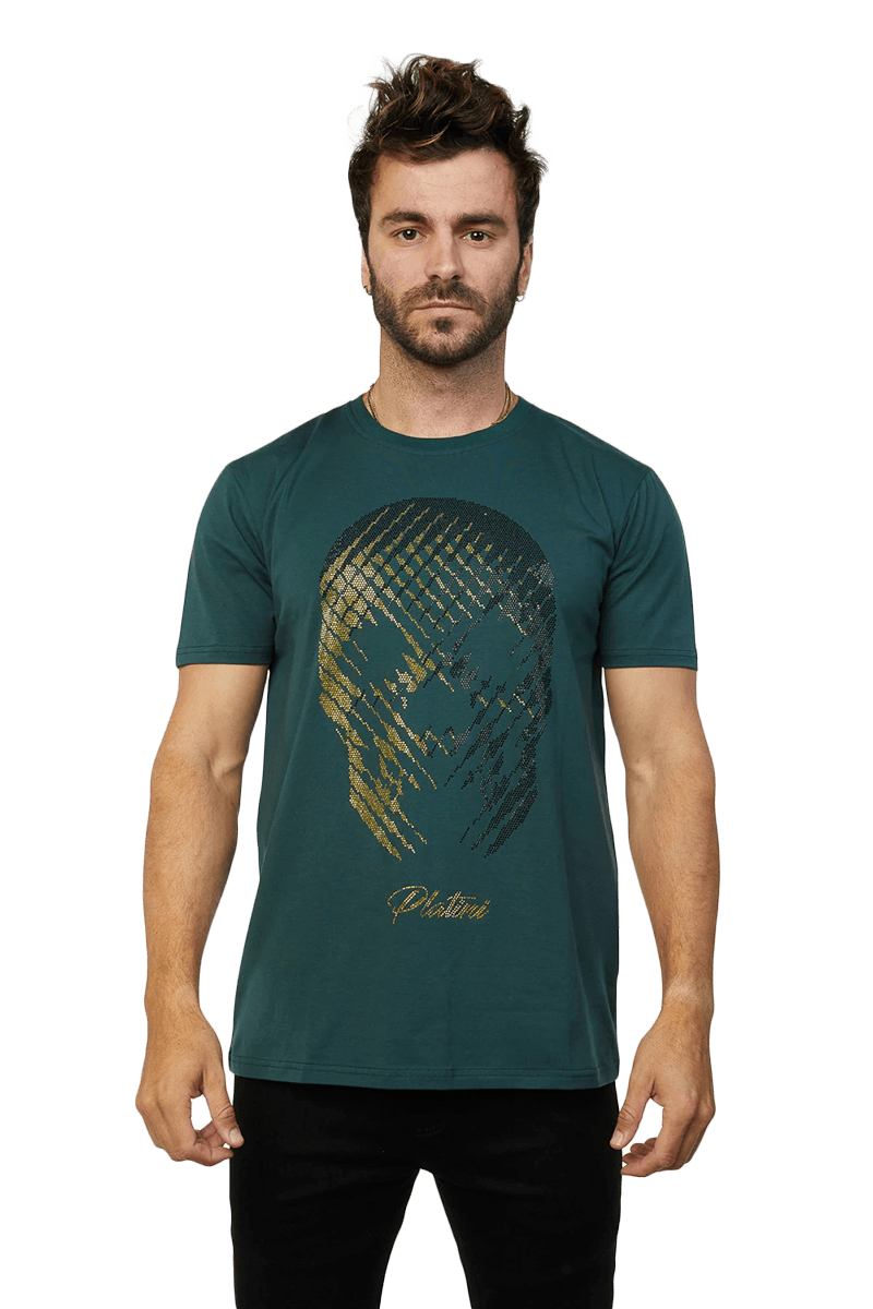 Platini Men's Teal Cotton Rhinestone T-Shirt