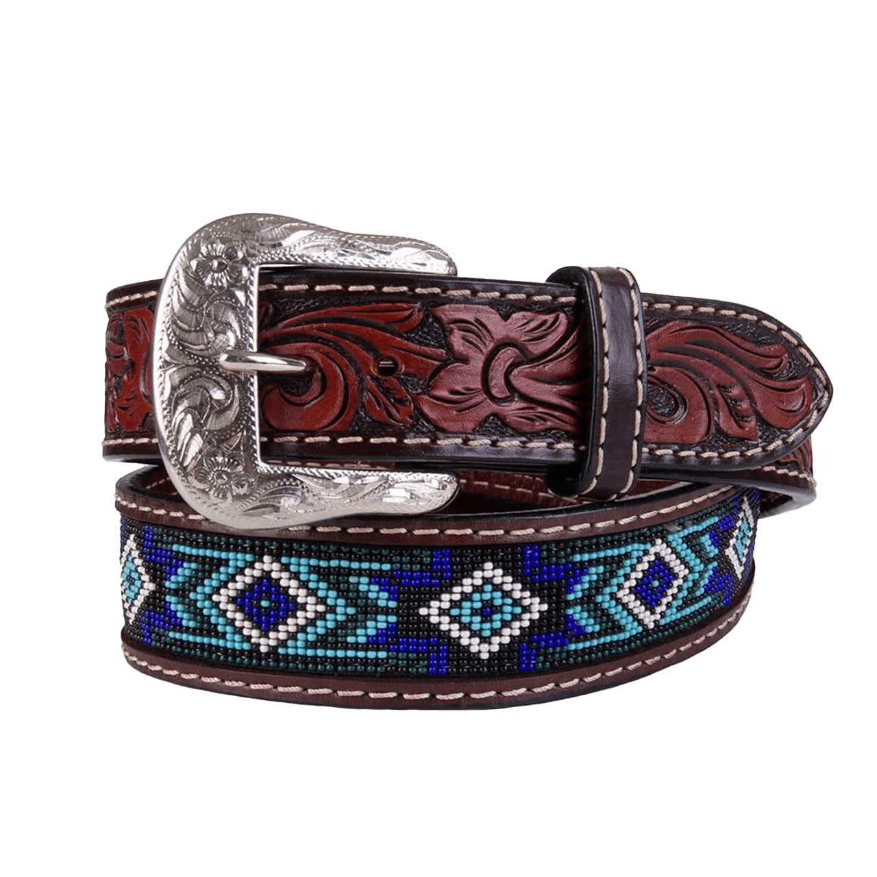 Western Fashion Brown With Blue And Turquoise Beading Belt